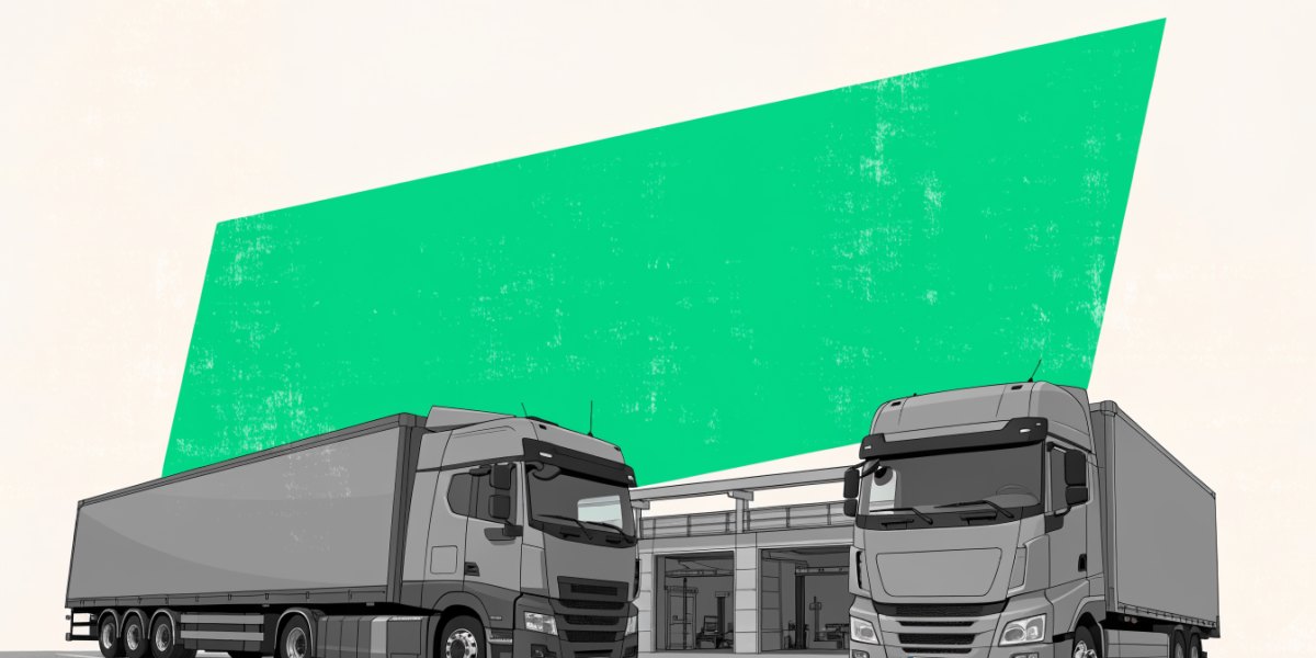 Illustration of an articulated lorry and a rigid truck in a haulage yard in front of a workshop inspection bay