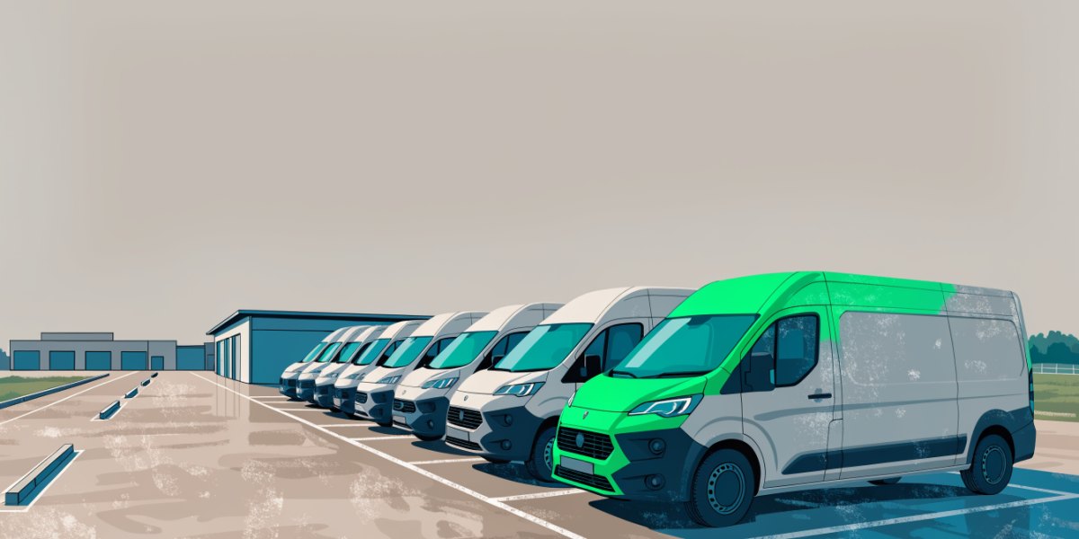 A neat row of modern unbadged panel vans seen from a raised angle in a fleet depot yard with clean marked bays