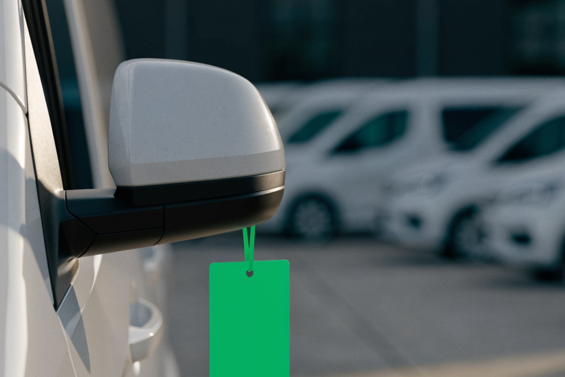 A green tag hanging from a van door mirror