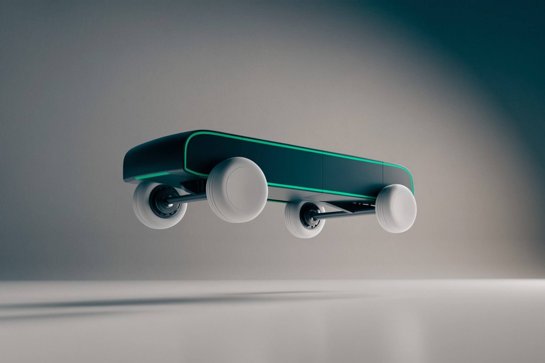 An electric van chassis rendering in charcoal with green highlights