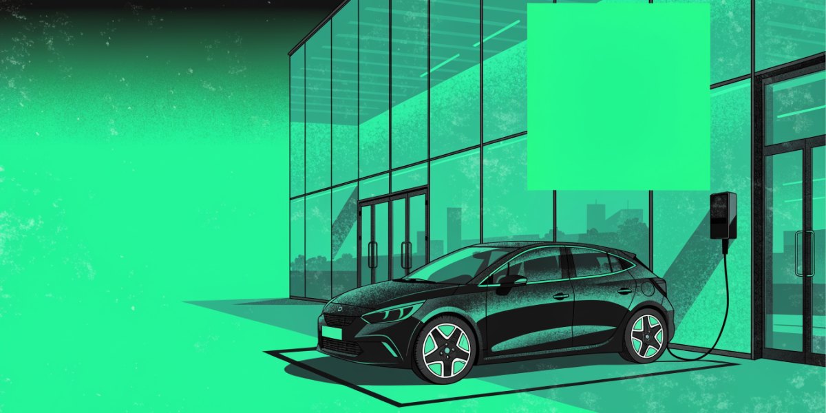 Illustration of an electric company car charging outside an office