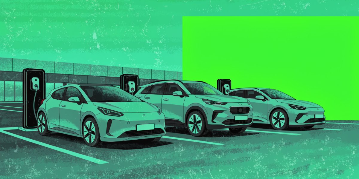 Illustration of three electric cars charging in a corporate car park