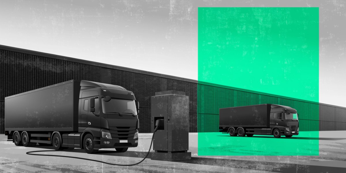 Illustration of an electric articulated truck at a megawatt charger at a logistics depot