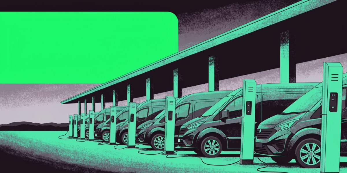Illustration of electric vans charging at a company depot