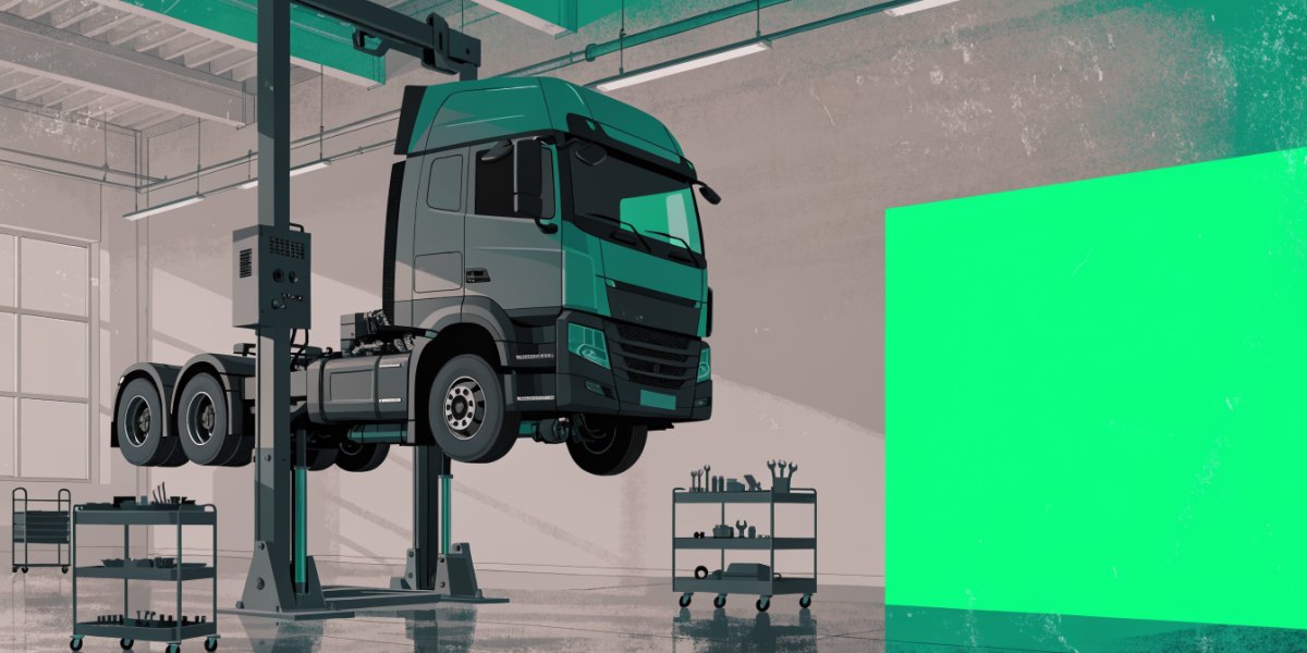 Illustration of a heavy truck raised on a workshop inspection lift