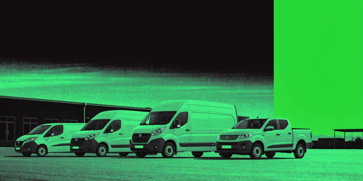 Illustration of a line-up of vans and a pick-up at a trade depot