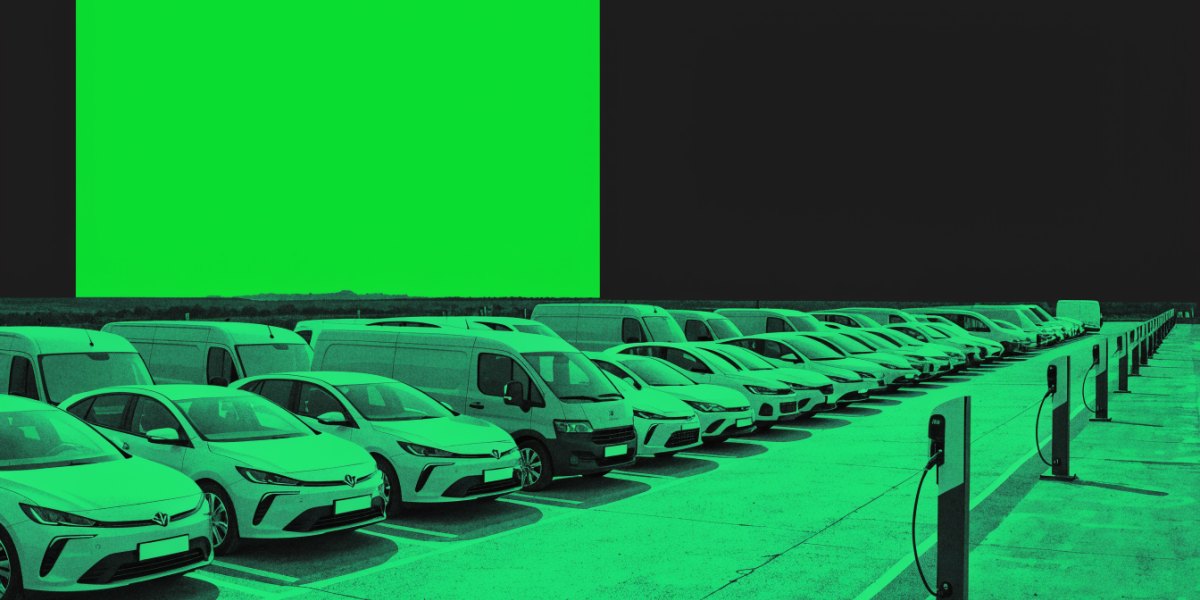 Illustration of new electric cars and vans lined up on a distribution compound